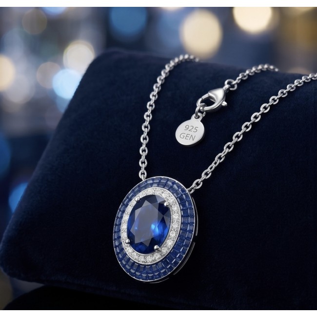 Born to Glam 12.2 carat Sapphire .925 Sterling Silver .925 Sterling Silver Statement Necklace - Close-up of Born to Glam sapphire pendant on sterling silver chain