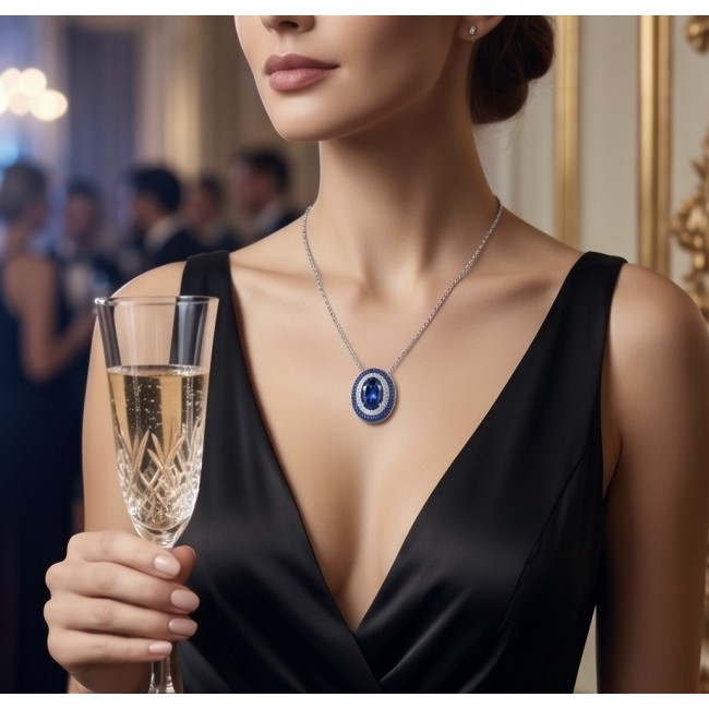 Born to Glam 12.2 carat Sapphire .925 Sterling Silver .925 Sterling Silver Statement Necklace - Sapphire pendant on model in a black dress at a formal event, front view