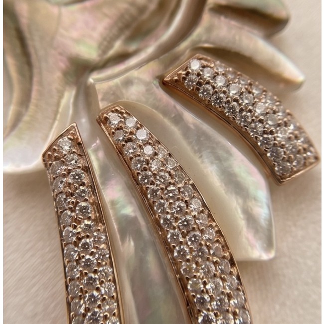 Angel Wings Rainbow Abalone 18K Rose Gold over .925 Sterling Silver handcrafted Large Statement Earrings - Close-up of Angel Wings jewelry, rose gold with diamond details.