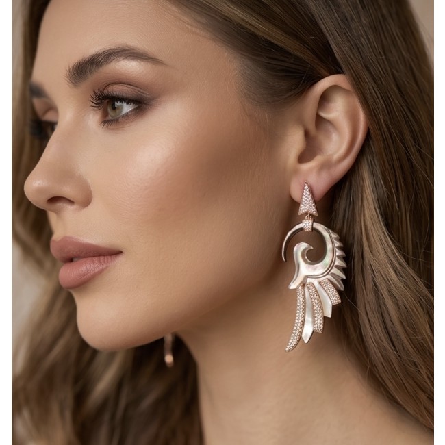 Angel Wings Rainbow Abalone 18K Rose Gold over .925 Sterling Silver handcrafted Large Statement Earrings - Side view of model wearing angel wing earrings in rose gold and abalone.
