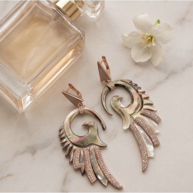 Angel Wings Rainbow Abalone 18K Rose Gold over .925 Sterling Silver handcrafted Large Statement Earrings - Earrings with rainbow abalone and rose gold on marble background