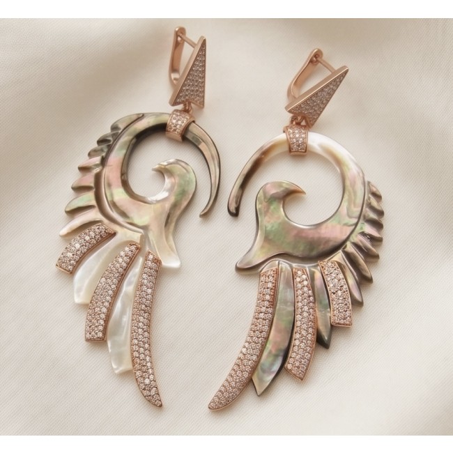 Angel Wings Rainbow Abalone 18K Rose Gold over .925 Sterling Silver handcrafted Large Statement Earrings - Angle view of angel wing earrings, rainbow abalone with rose gold accents.