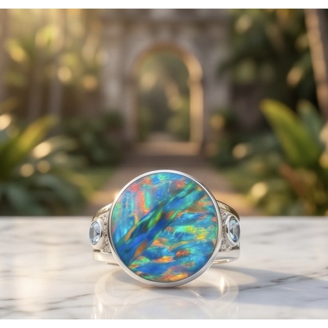 Endless Ocean Genuine 17.5 carat doublet Australian Opal .925 Sterling Silver handmade Ring size 6 3/4 - Close-up of Endless Ocean ring with Australian Opal on marble surface