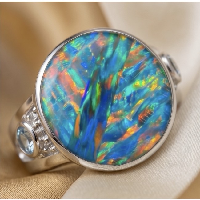 Endless Ocean Genuine 17.5 carat doublet Australian Opal .925 Sterling Silver handmade Ring size 6 3/4 - Close-up of Endless Ocean 17.5 carat doublet Australian Opal ring