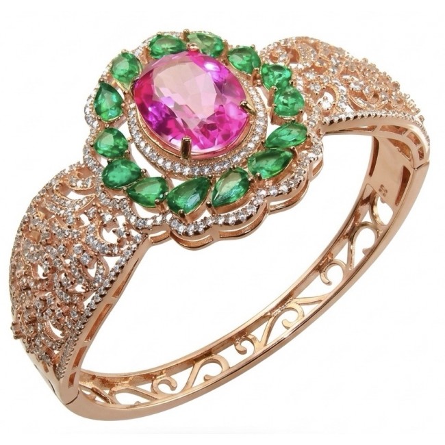 Ultimate Escape Luxurious Pink Rainbow Topaz 18K Rose Gold over .925 Sterling Silver handmade Bracelet - Side view of luxurious pink topaz and emerald 18K rose gold bracelet