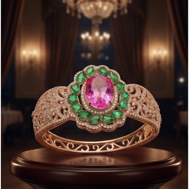 Ultimate Escape Luxurious Pink Rainbow Topaz 18K Rose Gold over .925 Sterling Silver handmade Bracelet - 18K rose gold ring with pink topaz and green stones, displayed on a pedestal.