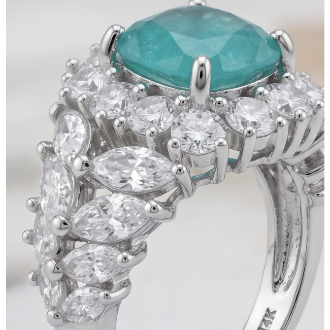 5.4 carat natural Colombian Emerald 8.9 carat Moissanite .925 Sterling Silver handmade Statement Ring size 7 1/2 - Close-up of ring's emerald and moissanite stones from a side angle
