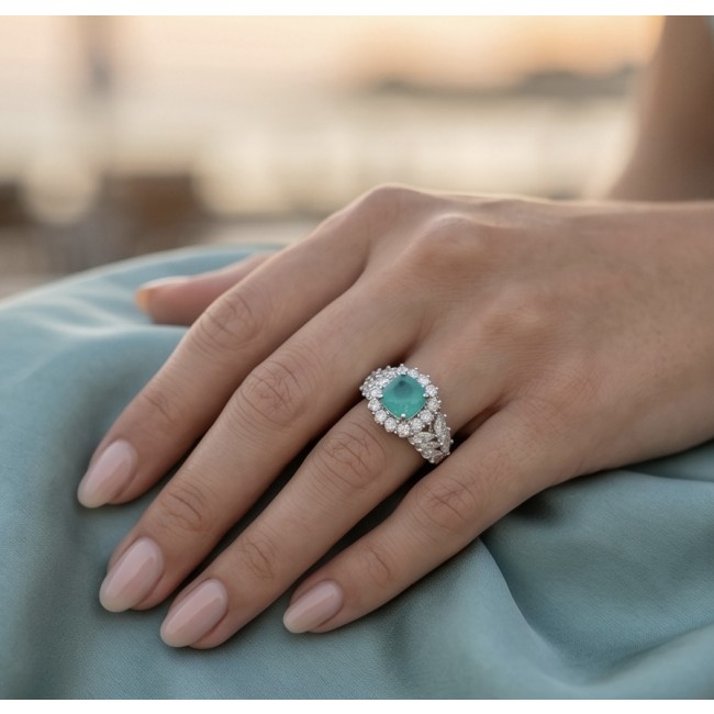 5.4 carat natural Colombian Emerald 8.9 carat Moissanite .925 Sterling Silver handmade Statement Ring size 7 1/2 - Emerald and moissanite ring worn on hand, showing front view.