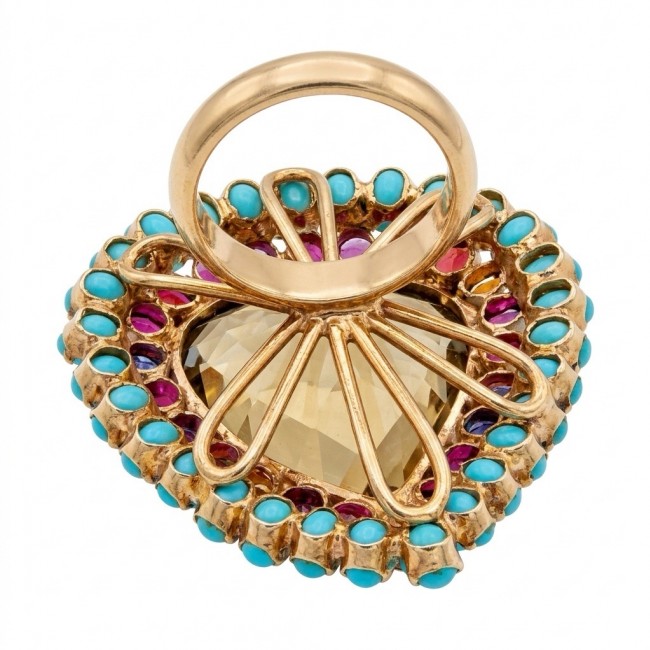 An exuberantly Large 39.8 grams carat Genuine Smoky Topaz .925 Sterling Silver dipped in 18K Rose Gold Handcrafted Ring size 8 1/4 - Close-up of gold ring with turquoise and multicolored gemstone detailing