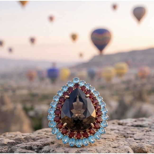 An exuberantly Large 39.8 grams carat Genuine Smoky Topaz .925 Sterling Silver dipped in 18K Rose Gold Handcrafted Ring size 8 1/4 - Close-up of large smoky topaz ring with colorful gemstone accents.
