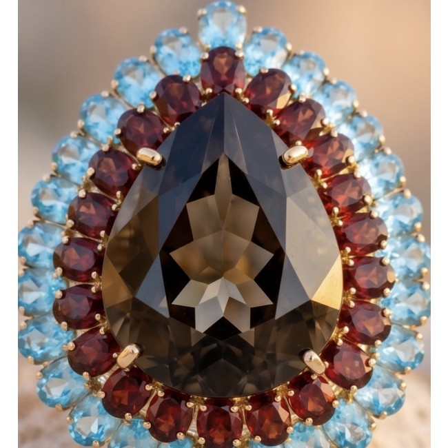 An exuberantly Large 39.8 grams carat Genuine Smoky Topaz .925 Sterling Silver dipped in 18K Rose Gold Handcrafted Ring size 8 1/4 - Close-up of large smoky topaz ring with red and blue stone accents