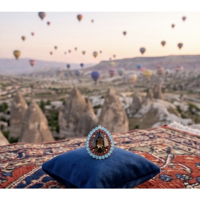 An exuberantly Large 39.8 grams carat Genuine Smoky Topaz .925 Sterling Silver dipped in 18K Rose Gold Handcrafted Ring size 8 1/4 - Large smoky topaz ring on cushion with hot air balloons in background