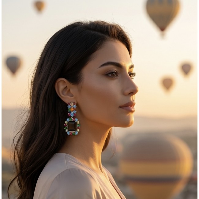 Giovanna 29.5 carat Champagne Smoky Topaz Rhodium over .925 Sterling Silver handmade Statement Earrings - Side view of woman wearing colorful gemstone earrings with topaz centerpiece