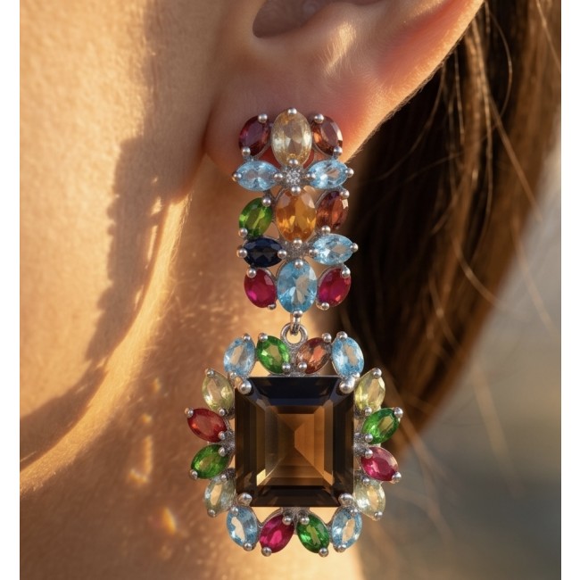 Giovanna 29.5 carat Champagne Smoky Topaz Rhodium over .925 Sterling Silver handmade Statement Earrings - Close-up of colorful gemstone earring worn on ear