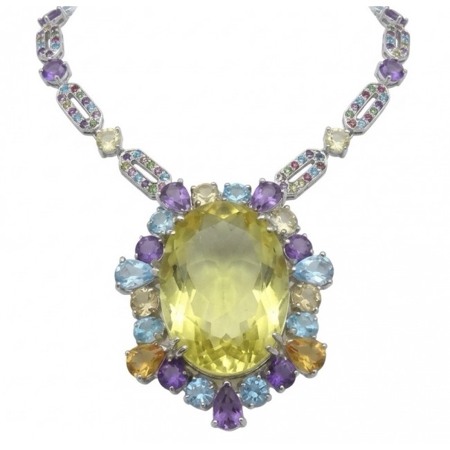 Giovanna - Exquisite Beauty authentic 55.9 carat Lemon Quartz .925 Sterling Silver handcrafted necklace - Necklace front view with 55.9 carat lemon quartz and colorful gemstones