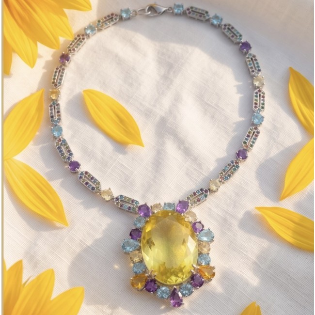 Giovanna - Exquisite Beauty authentic 55.9 carat Lemon Quartz .925 Sterling Silver handcrafted necklace - Necklace top view with large lemon quartz surrounded by colorful gems