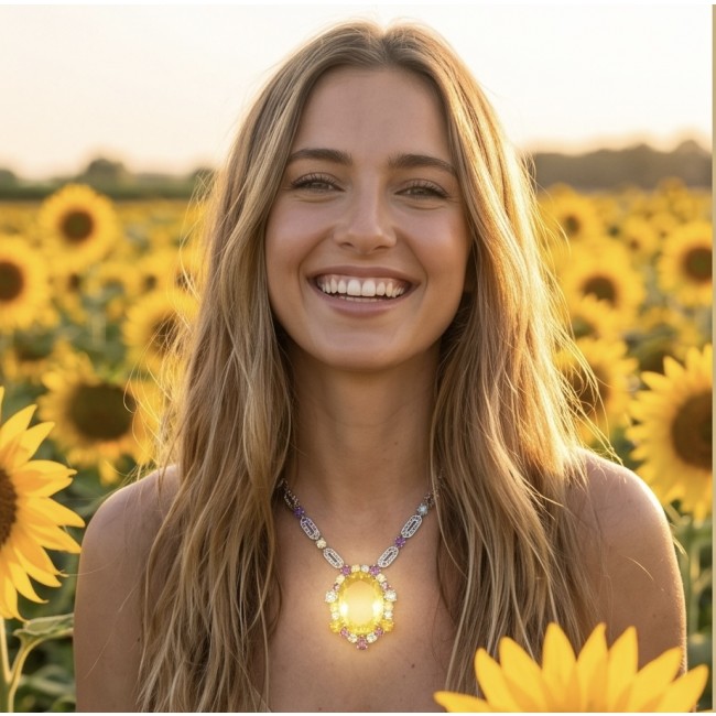 Giovanna - Exquisite Beauty authentic 55.9 carat Lemon Quartz .925 Sterling Silver handcrafted necklace - Necklace worn in field, vibrant lemon quartz pendant.