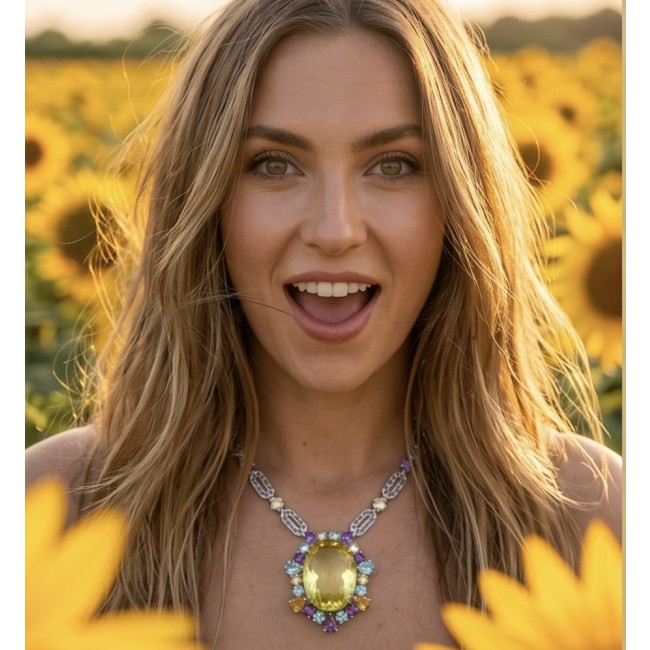 Giovanna - Exquisite Beauty authentic 55.9 carat Lemon Quartz .925 Sterling Silver handcrafted necklace - Woman wearing Giovanna necklace, front view in sunflower field.