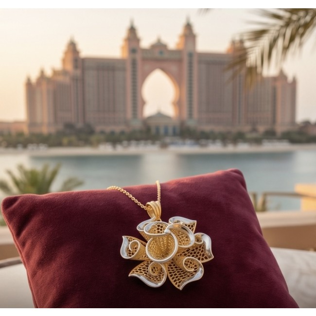 Dubai Style - Golden Rose .925 Sterling Silver dipped in 22K Gold handmade Pendant - Golden rose pendant on burgundy cushion with iconic building background