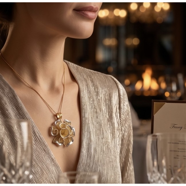 Dubai Style - Golden Rose .925 Sterling Silver dipped in 22K Gold handmade Pendant - Necklace worn, frontal view showing Golden Rose pendant detail.