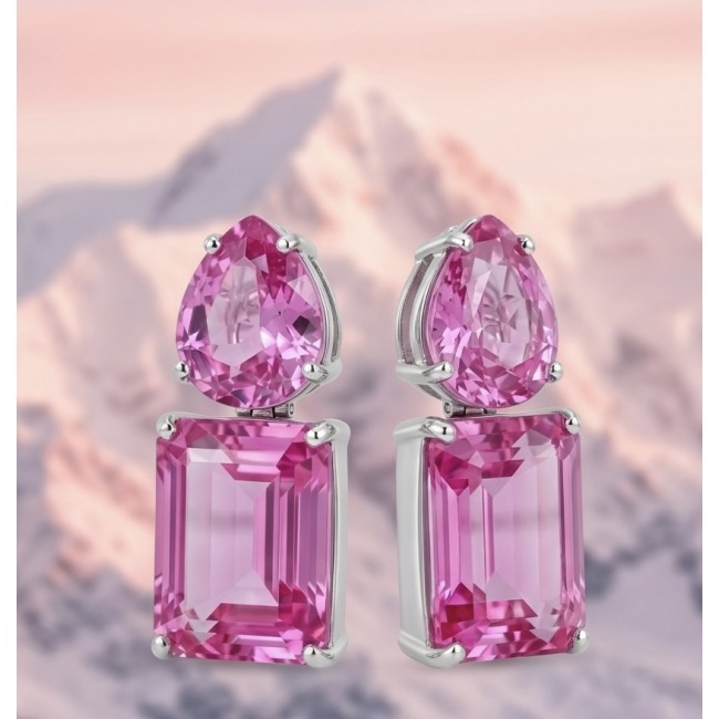 Large - Tiffany - authentic baquette cut 48.7 carat Pink Sapphire .925 Sterling Silver handcrafted Earrings - Close-up of pink sapphire earrings against a mountain backdrop.