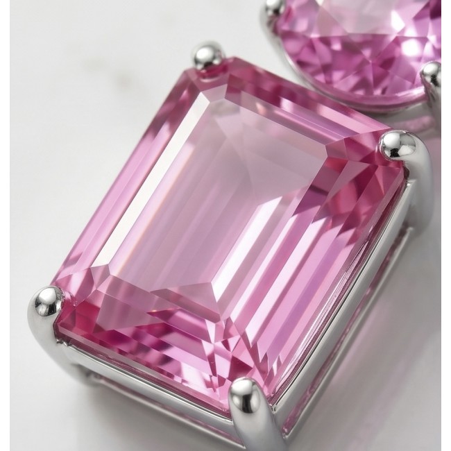 Large - Tiffany - authentic baquette cut 48.7 carat Pink Sapphire .925 Sterling Silver handcrafted Earrings - Close-up of large pink sapphire in silver setting