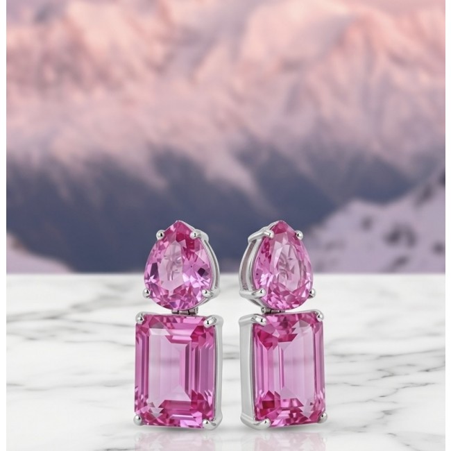 Large - Tiffany - authentic baquette cut 48.7 carat Pink Sapphire .925 Sterling Silver handcrafted Earrings - Front view of pink sapphire earrings on marble surface.