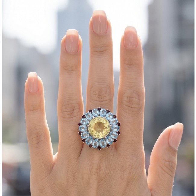 Vivien - Natural 25.8 carat pear cut BRAZILIAN Citrine Aquamarine .925 Sterling Silver dipped in 22K Gold handmade Statement Ring size 7 1/2 - Worn on hand: Vivien ring with 25.8 carat Brazilian citrine and aqua stones