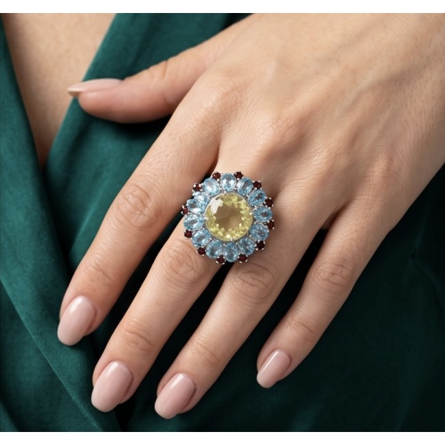 Vivien - Natural 25.8 carat pear cut BRAZILIAN Citrine Aquamarine .925 Sterling Silver dipped in 22K Gold handmade Statement Ring size 7 1/2 - Worn on hand: 25.8 carat Brazilian Citrine Aqua ring with blue accents.