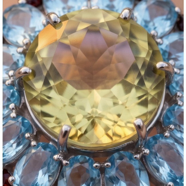 Vivien - Natural 25.8 carat pear cut BRAZILIAN Citrine Aquamarine .925 Sterling Silver dipped in 22K Gold handmade Statement Ring size 7 1/2 - Stone close-up of citrine and aqua gemstones in silver prong setting.