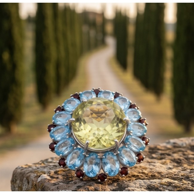 Vivien - Natural 25.8 carat pear cut BRAZILIAN Citrine Aquamarine .925 Sterling Silver dipped in 22K Gold handmade Statement Ring size 7 1/2 - Close-up of Vivien Brazilian Citrine Aqua ring on stone surface