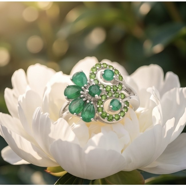 5.4 carat natural Colombian Emerald 8.9 carat Moissanite .925 Sterling Silver handmade Statement Ring size 8 - Emerald and moissanite ring on a white flower, close-up.
