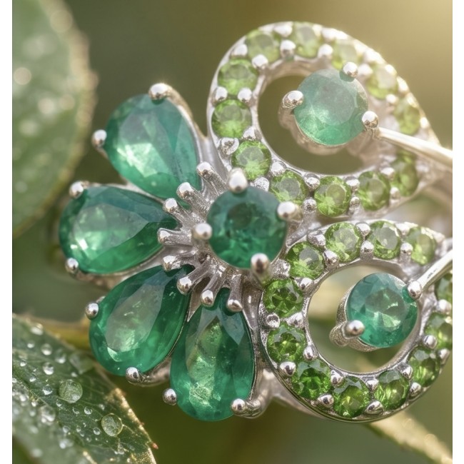 5.4 carat natural Colombian Emerald 8.9 carat Moissanite .925 Sterling Silver handmade Statement Ring size 8 - Close-up of Colombian emerald and moissanite brooch with dewdrops.
