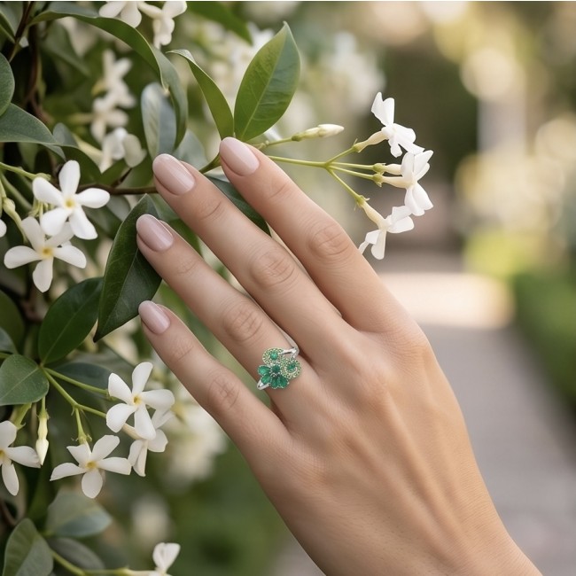 5.4 carat natural Colombian Emerald 8.9 carat Moissanite .925 Sterling Silver handmade Statement Ring size 8 - Emerald and moissanite ring worn on hand, with flowers in background.