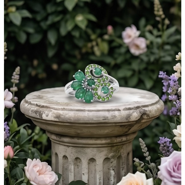 5.4 carat natural Colombian Emerald 8.9 carat Moissanite .925 Sterling Silver handmade Statement Ring size 8 - Emerald and moissanite ring on pedestal with floral background