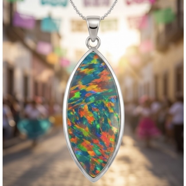 Kaleidopscop 21.5 carat Australian Doublet Opal .925 Sterling Silver handcrafted pendant - Opal pendant with colorful play of light against blurred street scene.