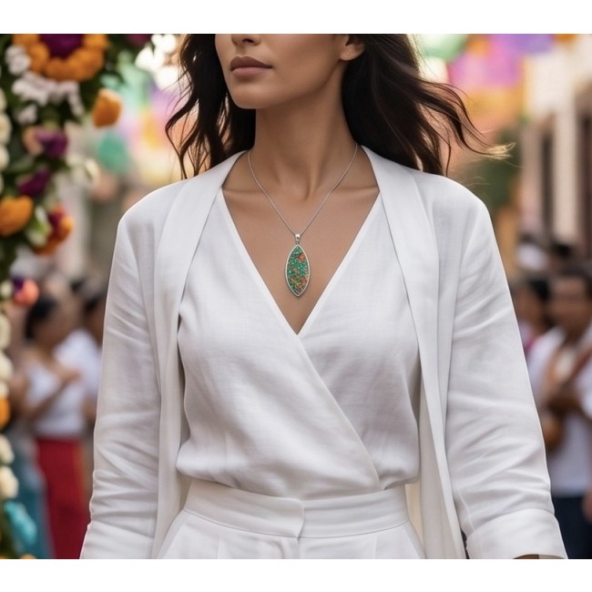 Kaleidopscop 21.5 carat Australian Doublet Opal .925 Sterling Silver handcrafted pendant - Pendant worn on neck, showcasing opal stone in white outfit setting.