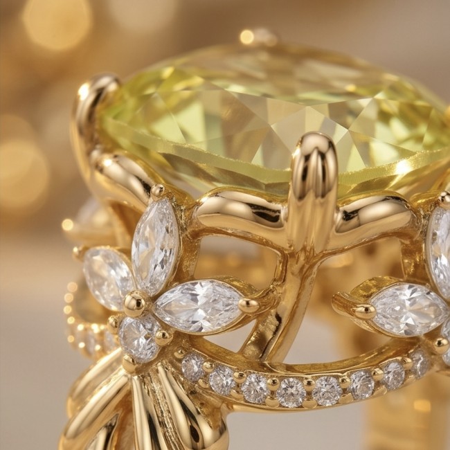 Authentic princess cut 18.8 carat yellow Sapphire 22K Gold over .925 Sterling Silver handmade Ring s. 7 - Yellow sapphire stone close-up with floral accents and gold setting.