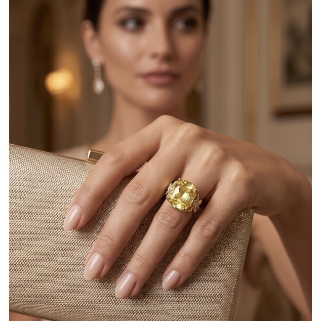 Authentic princess cut 18.8 carat yellow Sapphire 22K Gold over .925 Sterling Silver handmade Ring s. 7 - Close-up of yellow sapphire ring on hand holding a textured clutch