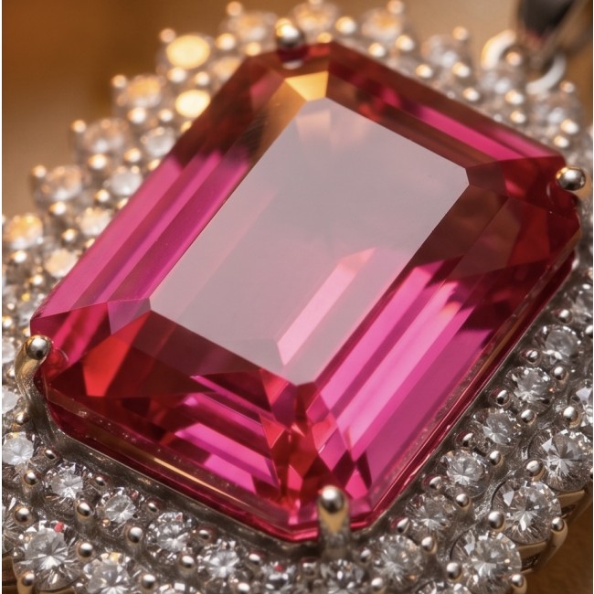 Pink Legacy Luxurious baquette cut 45.8 carat Fuchsia Pink Sapphire .925 Sterling Silver handcrafted Statement pendant - Close-up of Pink Legacy 45.8 carat fuchsia pink stone with diamond halo