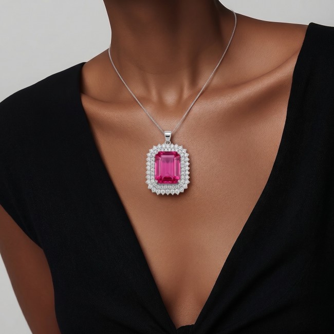 Pink Legacy Luxurious baquette cut 45.8 carat Fuchsia Pink Sapphire .925 Sterling Silver handcrafted Statement pendant - Pink Legacy 45.8 carat fuchsia pendant necklace, front view, worn.