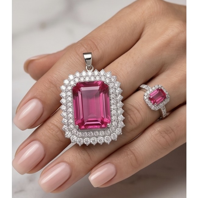 Pink Legacy Luxurious baquette cut 45.8 carat Fuchsia Pink Sapphire .925 Sterling Silver handcrafted Statement pendant - Hand wearing ring and pendant with fuchsia pink stones, top view.