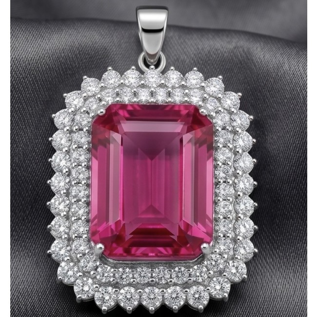 Pink Legacy Luxurious baquette cut 45.8 carat Fuchsia Pink Sapphire .925 Sterling Silver handcrafted Statement pendant - Pink gemstone pendant with diamond halo, front view close-up.