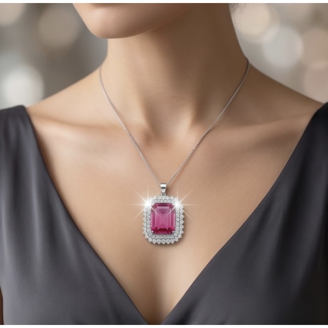 Pink Legacy Luxurious baquette cut 45.8 carat Fuchsia Pink Sapphire .925 Sterling Silver handcrafted Statement pendant - Fuchsia pink necklace worn on woman's neck, front view close-up.
