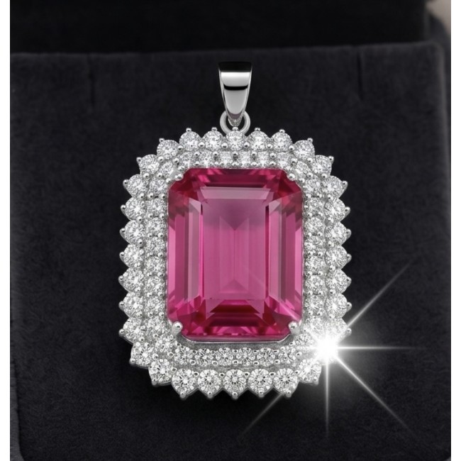 Pink Legacy Luxurious baquette cut 45.8 carat Fuchsia Pink Sapphire .925 Sterling Silver handcrafted Statement pendant - Close-up of Pink Legacy Luxurious baguette cut pendant with diamonds