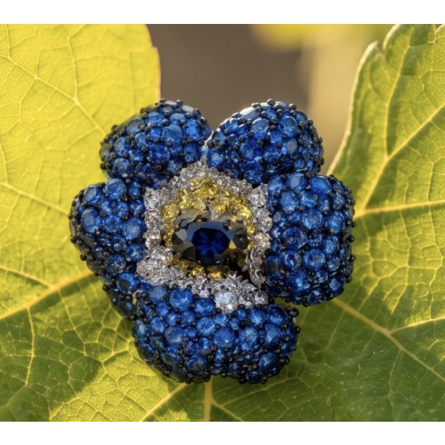 Blooming Lilis - 38.8 carat pave Sapphire from Madagascar .925 Sterling Silver handmade Statement Earrings - Close-up of Blooming Lilis brooch with Madagascan sapphires on leaf.