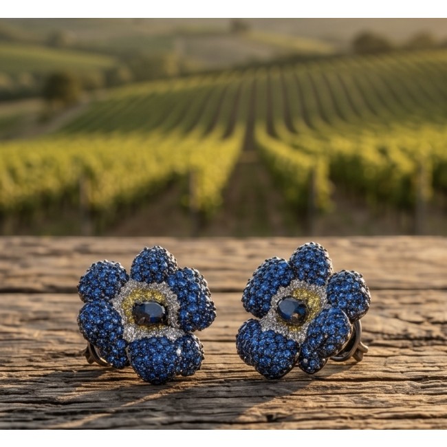 Blooming Lilis - 38.8 carat pave Sapphire from Madagascar .925 Sterling Silver handmade Statement Earrings - Blooming Lilis sapphire earrings with vineyard background, front view.