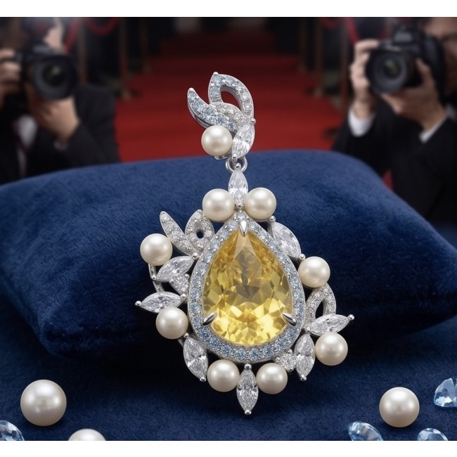 Tiffany - 7.8 carat yellow Sapphire Pearl RHODIUM over .925 Sterling Silver Handcrafted pendant - Close-up of Tiffany yellow Sapphire pendant with pearls on velvet display