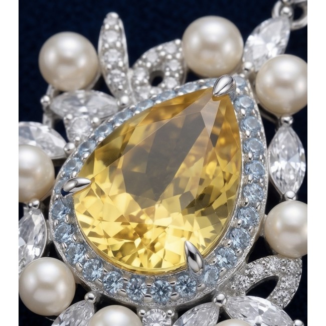 Tiffany - 7.8 carat yellow Sapphire Pearl RHODIUM over .925 Sterling Silver Handcrafted pendant - Close-up of yellow sapphire pendant with pearls and gemstones.