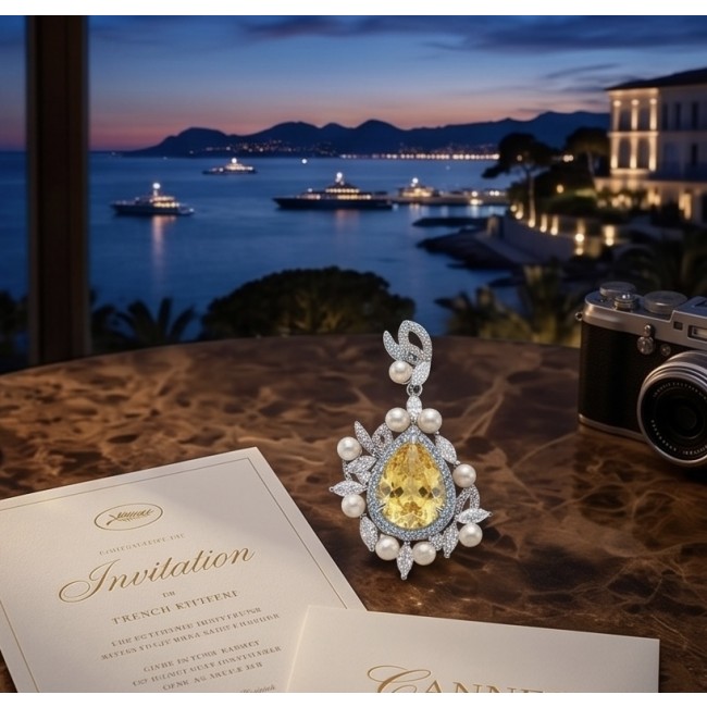 Tiffany - 7.8 carat yellow Sapphire Pearl RHODIUM over .925 Sterling Silver Handcrafted pendant - Elegant pendant with yellow sapphire on table, beach view in background